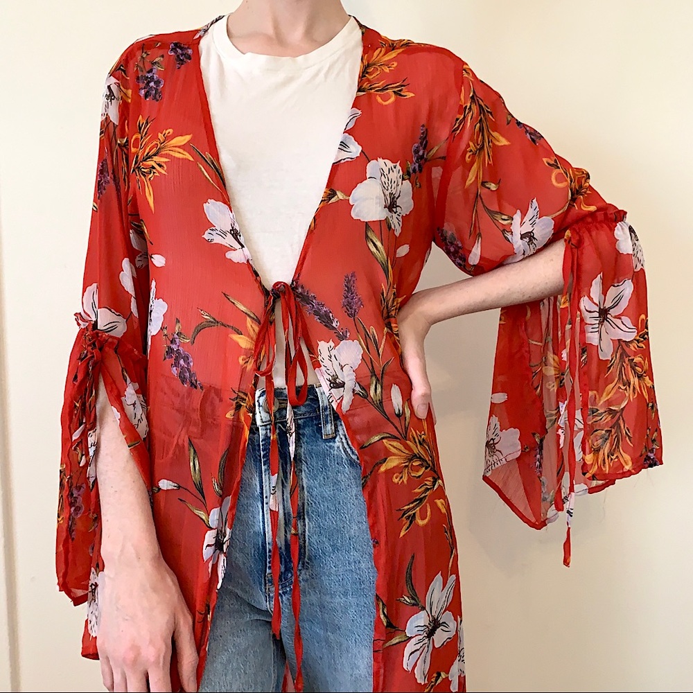 Band of Gypsies Red Bohemian Floral Kimono Robe Boho Duster Size Medium